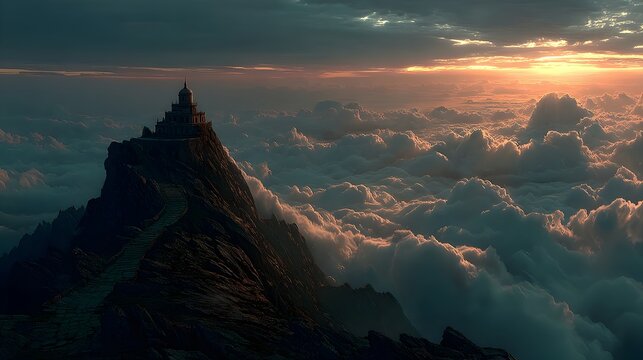 Majestic temple on a mountain peak surrounded by clouds at sunrise or sunset.