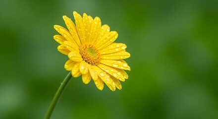 Obraz premium Yellow daisy flower with water droplets on green blurred background bloom blossom