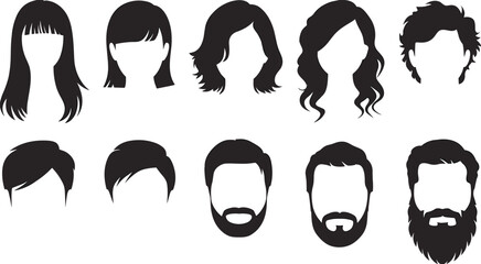 Hairstyle and beard silhouette vector set with diverse hair types, facial styles, grooming icons, and character design elements