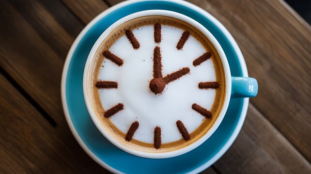 Creative cappuccino coffee clock design with foam and cinnamon marks
