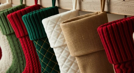 Festive christmas stockings hanging on a mantelpiece, ready for santa claus