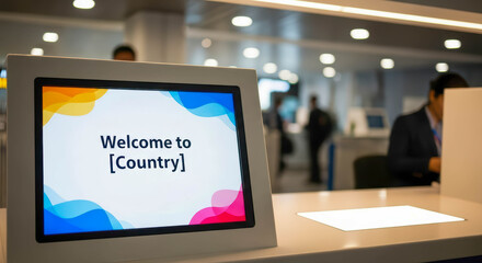 Digital display with welcome message at a reception desk. Tourist or visitor check in or check out with modern technology. Information screen.