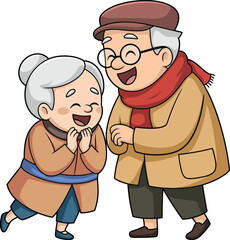 Happy cartoon elderly couple laughing heartily together in winter coats and scarfs vector illustration design art.