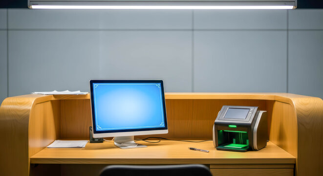 Reception desk with computer monitor and bill counter machine. Financial technology for cash handling and transaction processing. - Powered by Adobe