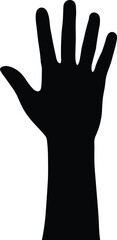 Black silhouette of a raised hand with five fingers Keywords: hand, silhouette, raised, open