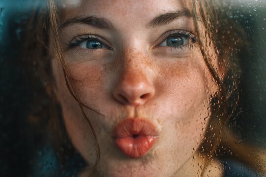 Funny Close-Up Portrait of Girl Pressing Face Against Window