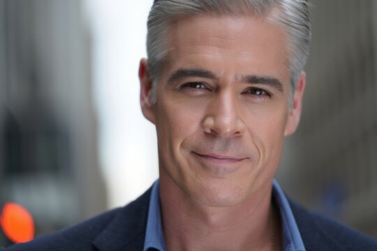 Confident male professional portrait in a blue shirt outdoors with soft natural light