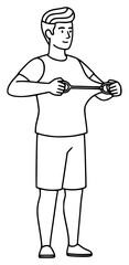 A line drawing of a man adjusting his shirt while standing, broom, brush, catch, comb, hand, illustration, man, measuring tape, muscle, stand, tool, waist, whisk, against transparent background