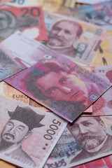 Money background, currency exchange, paper banknotes from different countries. Money cash currency