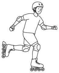 A line drawing of a boy rollerblading, wearing a helmet and knee pads, boy, helmet, illustration, knee pad, man, ride, roller, roller skate, skate, skateboarder, against transparent background