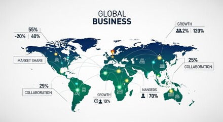 Global Business Growth and Collaboration Map Analyzing International Market Share and Trends