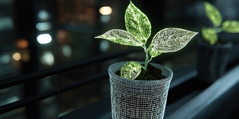 Indoor plant with glowing leaves in a modern setting at night creates a serene atmosphere