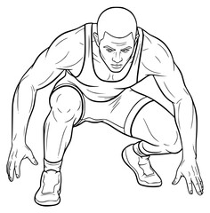 Fototapeta premium A black and white line drawing of a muscular man in a sports outfit, squatting, athlete, athletic, bend, bodybuilder, illustration, man, muscle, squat, against transparent background