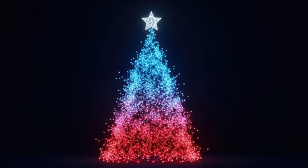 Christmas tree with star on top made of blue and red lights on black