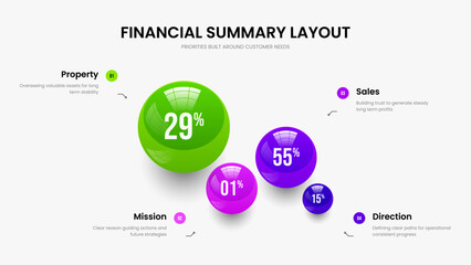 Minimalist Performance Four Option Diagram Slideshow Template. Educational Report 4 Element Infographic Slide Layout. Business Review Frame Design Vector Illustration.