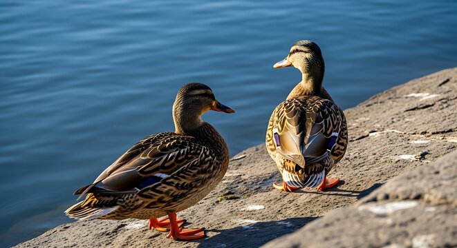 Two mallard ducks stand on a rocky shore next to blue water bird animal