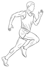Fototapeta premium A line drawing of a man running in a sleeveless sports uniform, athlete, athletic, ball, basketball player, drawing, illustration, jog, man, muscle, run, runner, sketch, against transparent background