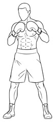 A line drawing of a muscular man wearing boxing gloves and shorts, athletic, baseball glove, boxer, boxing, boxing glove, fight, illustration, man, muscle, punch, ring, against transparent background