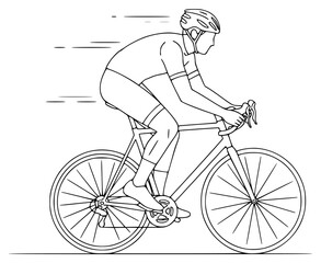 Naklejka premium A line drawing of a cyclist riding a bicycle, bicycle, bicycle helmet, biker, cycle, helmet, illustration, man, ride, against transparent background