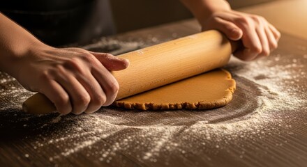 Close up of hands rolling out dough on a floured wooden surface