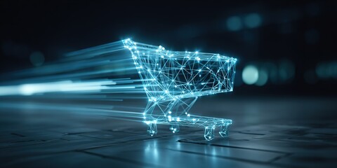 Digital shopping cart represented with glowing connections moves quickly across a modern floor at night