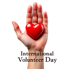 A hand holding a red heart for international volunteer day isolated on transparent background, showing love and support