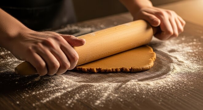 Close up of hands rolling out dough on a floured wooden surface