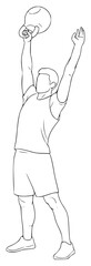 A line drawing of a man playing basketball, holding a basketball above his head, CD, catch, frisbee, hand, illustration, man, play, throw, against transparent background