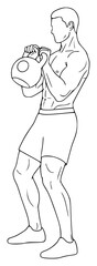 A line drawing of a muscular man holding a kettlebell, boxer, boxing, catch, fight, illustration, iron, karate, man, martial, muscle, punch, wrestle, wrestler, against transparent background