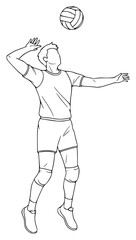 A line drawing of a male volleyball player serving the ball, ball, beach volleyball, beat, illustration, jump, man, play, spike, volleyball, volleyball player, against transparent background