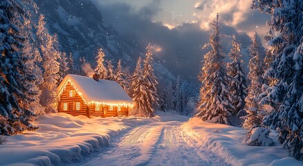 Fototapeta premium Snowy forest cabin illuminated softly with warm festive Christmas decorations image