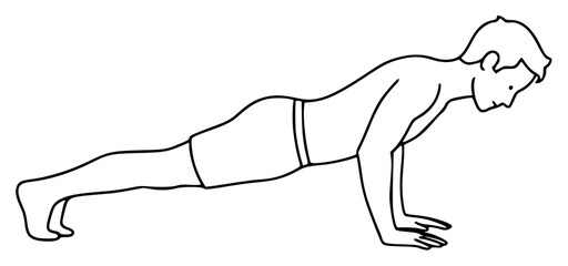 A line drawing of a man performing a plank exercise, athletic, back, bend, exercise, floor, illustration, man, muscle, plank, pose, squat, stretch, woman, against transparent background