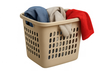 Beige plastic laundry basket filled with dirty colorful clothes, awaiting washing day, transparent background