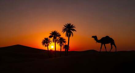 Camel walking past palm trees and desert dunes at vibrant sunset