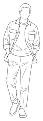 A line drawing of a man standing with hands in pockets, wearing a casual outfit, drawing, hand, illustration, jacket, man, pocket, sketch, walk, wear, against transparent background