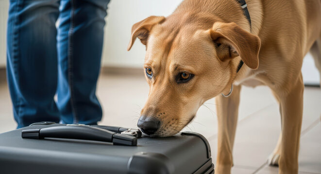 Dog sniffing luggage with a man standing nearby. Detector dog or pet at airport for security check or travel preparation. Animal searching for specific odor.
