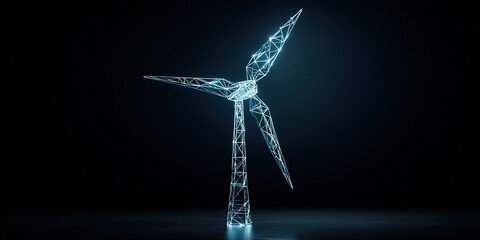 Digital wind turbine design with glowing wireframe structure in dark background representing renewable energy technology
