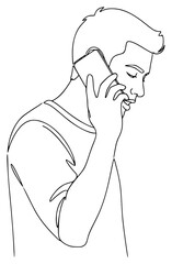 A continuous line drawing of a man talking on a phone, ear, illustration, man, phone, smartphone, talk, against transparent background