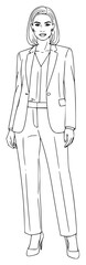 A line drawing of a woman in a business suit, business suit, drawing, dress, illustration, jacket, sketch, stand, suit, wear, woman, against transparent background