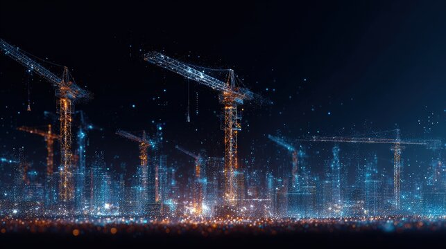 Futuristic Holographic Cranes Building Virtual Sci-Fi Architecture
