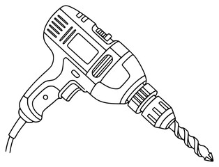 A black and white line drawing of a drill, drill, equipment, hammer, hole, icon, illustration, repair, screw, screwdriver, tool, against transparent background