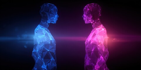 Digital silhouettes of blue and pink figures facing each other in a dark, abstract space showcasing connection and contrast