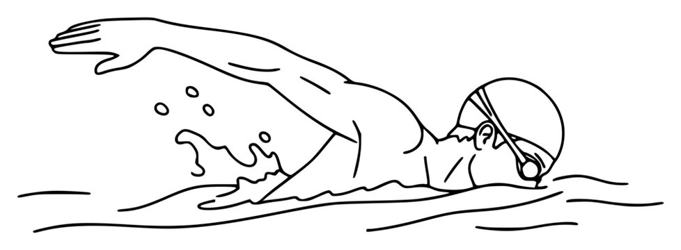 A line drawing of a swimmer in a backstroke race, dive, illustration, man, person, sea, surfboard, swim, swimmer, swimwear, water, wave, wetsuit, against transparent background