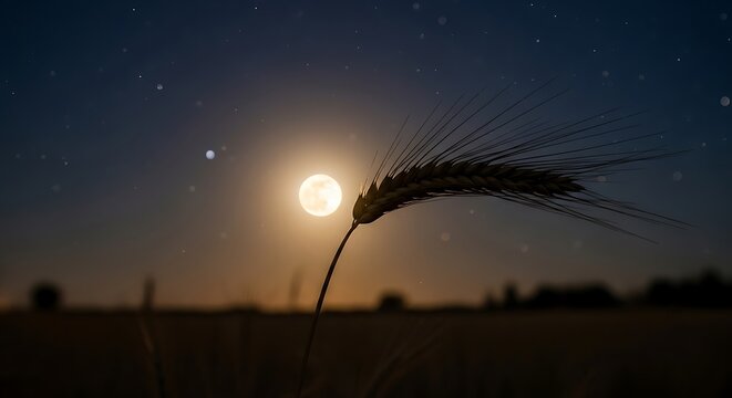 Wheat stalk silhouetted against full moon and starry night sky grain field