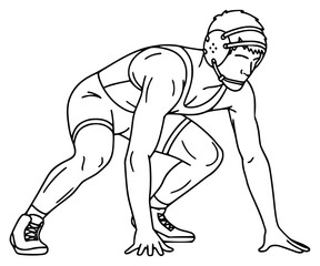 A line drawing of a male wrestler in a squatting position, athletic, bend, goggles, illustration, man, muscle, swimmer, wrestle, wrestler, against transparent background