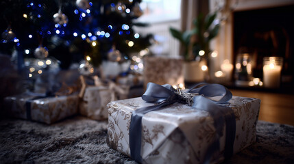 Christmas tree with blue lighting and decorated gift boxes