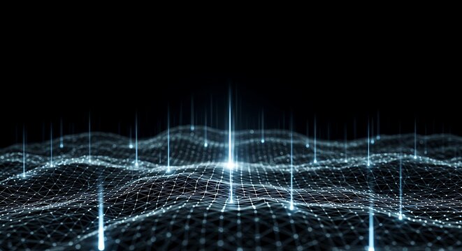 Abstract digital network grid with glowing blue light points and connections on a dark background, representing data flow and technology