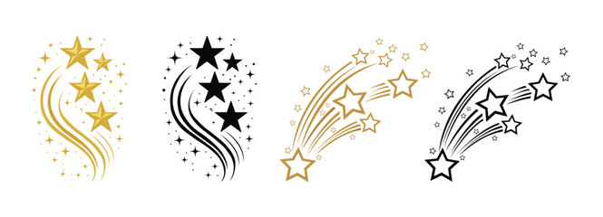 Fototapeta premium Shooting stars icon set. Gold and black meteor trail vector collection