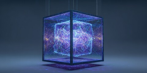 Colorful digital cube surrounded by glowing connections in a dark space shows advanced technology concept