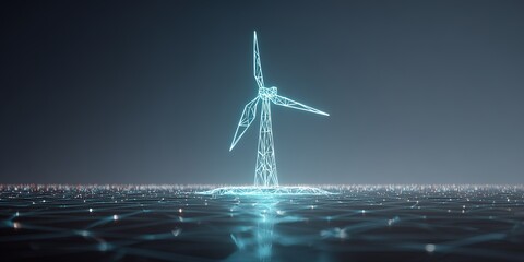 Modern offshore wind turbine model in a digital landscape showing innovation and renewable energy